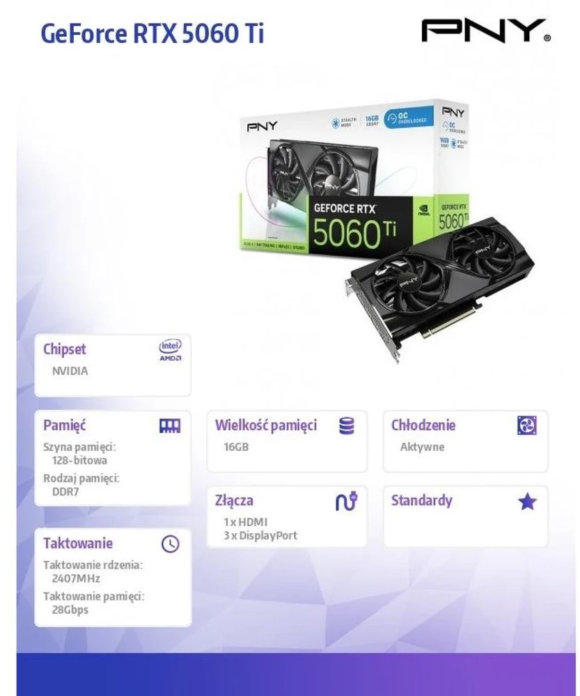 Vaizdo plokštė PNY GeForce RTX 5060 Ti Dual Fan 16GB OC DLSS 5