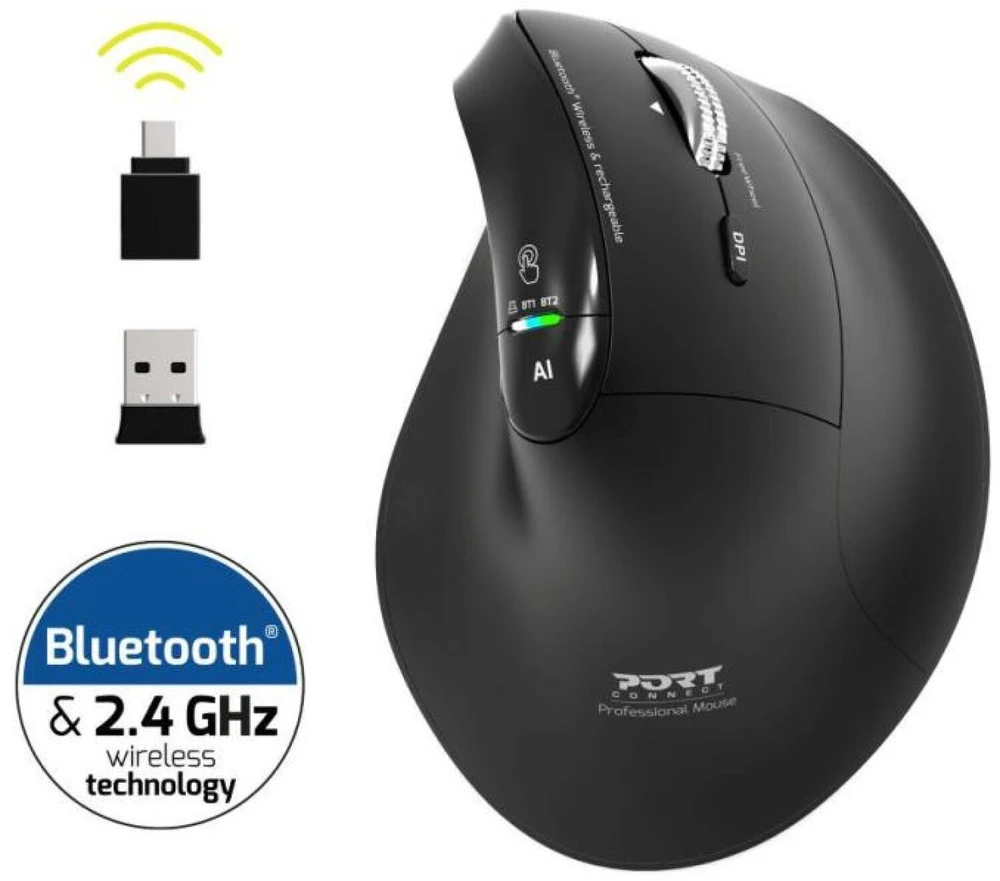 PORT CONNECT ERGO AUDITOR, ergonomiška „Bluetooth“ ir 2,4 GHz belaidė įkraunama pelė, USB-C, Juodas