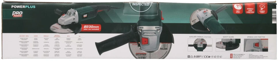 Powerplus Kampinis šlifuoklis POWP1030, 2300W, 230mm, 4m, 6500min-1, 111dB(A), 1 greičio nustatymas