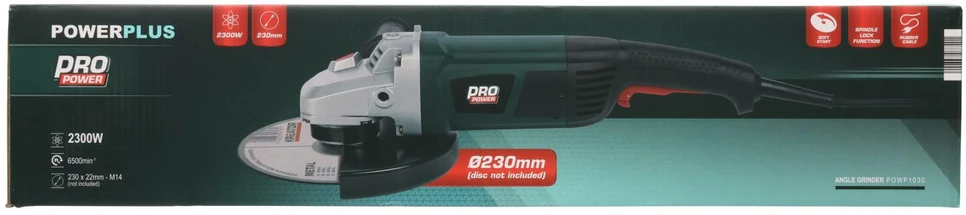Powerplus Kampinis šlifuoklis POWP1030, 2300W, 230mm, 4m, 6500min-1, 111dB(A), 1 greičio nustatymas