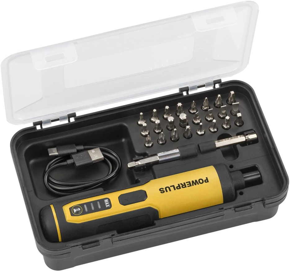 POWERPLUS POWX00420 kompaktiškas akumuliatorinis atsuktuvas baldams surinkti ir varžtams sukti 4V 1300mAh 4Nm 26 antgaliai