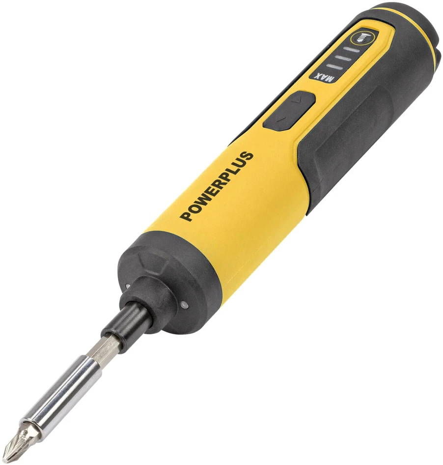 POWERPLUS POWX00420 kompaktiškas akumuliatorinis atsuktuvas baldams surinkti ir varžtams sukti 4V 1300mAh 4Nm 26 antgaliai