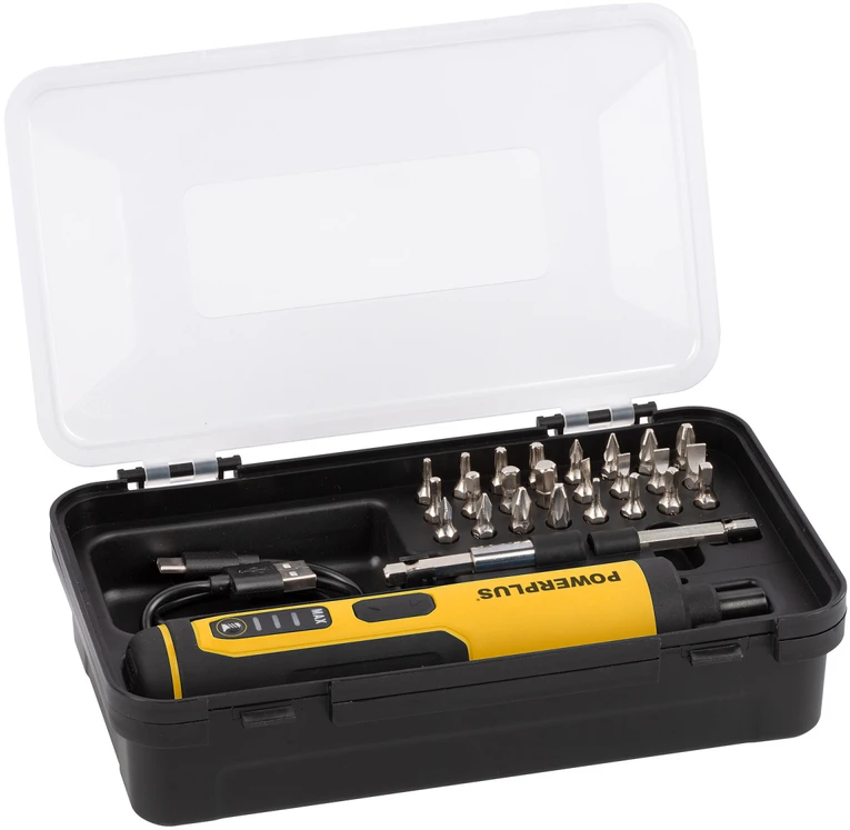 POWERPLUS POWX00420 kompaktiškas akumuliatorinis atsuktuvas baldams surinkti ir varžtams sukti 4V 1300mAh 4Nm 26 antgaliai
