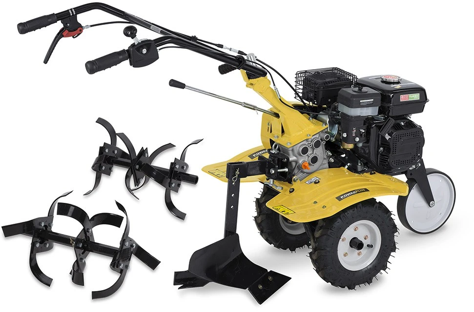 POWERPLUS POWXG7217 benzininis kultivatorius ir žemės freza dirvos apdirbimui ir sodo paruošimui 208cc 4200W 105cm 4-taktis variklis reversas