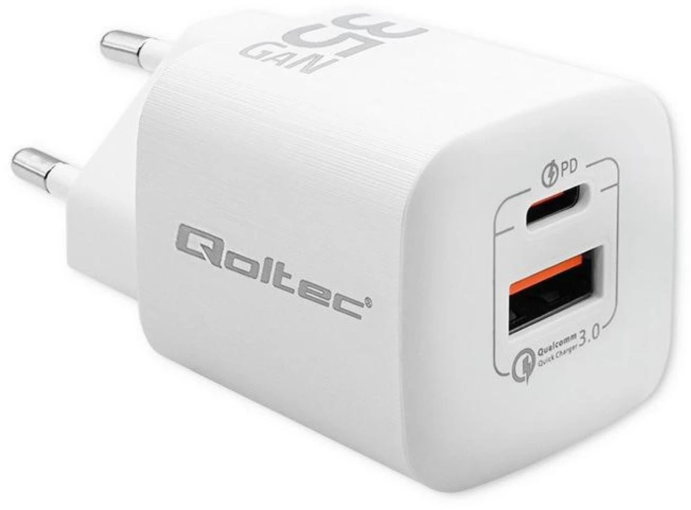 QOLTEC 50763 GaN ULTRA 35W įkroviklis / 5-20V / 2,25 3A / 1 x USB tipo C PD / 1x USB / Baltas