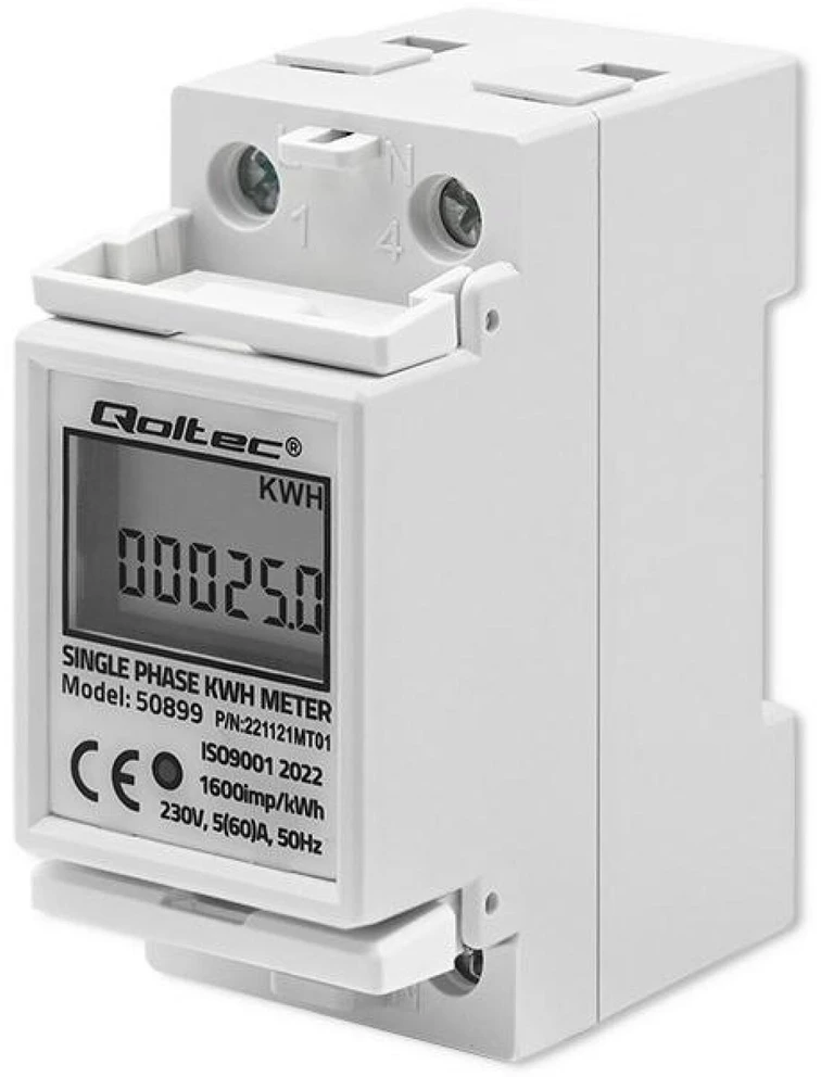 QOLTEC 50899 vienfazis elektroninis energijos suvartojimo matuoklis 230V LCD 2P DIN bėgis