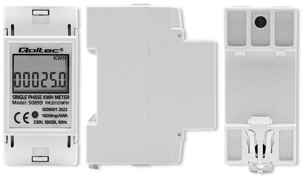 QOLTEC 50899 vienfazis elektroninis energijos suvartojimo matuoklis 230V LCD 2P DIN bėgis