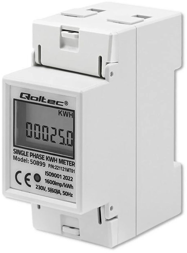 QOLTEC 50899 vienfazis elektroninis energijos suvartojimo matuoklis 230V LCD 2P DIN bėgis