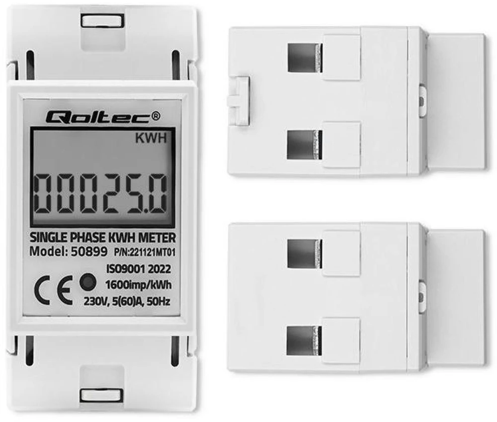 QOLTEC 50899 vienfazis elektroninis energijos suvartojimo matuoklis 230V LCD 2P DIN bėgis