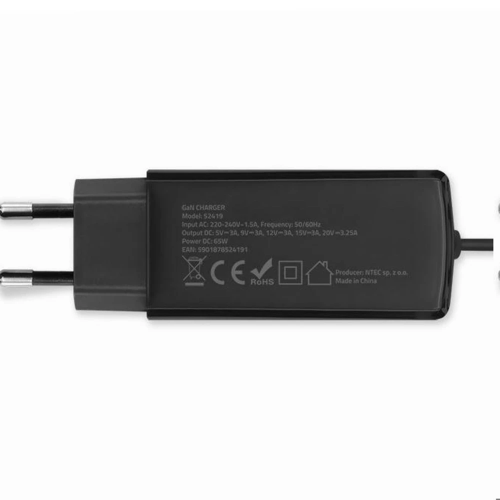 „Qoltec 52419“ 65 W „GaN“ itin greitas įkroviklis | 5–20 V | 3–3,25 A | USB-C 3.1