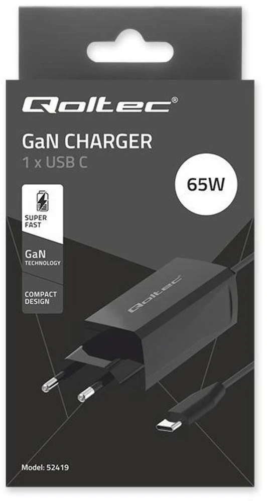 „Qoltec 52419“ 65 W „GaN“ itin greitas įkroviklis | 5–20 V | 3–3,25 A | USB-C 3.1