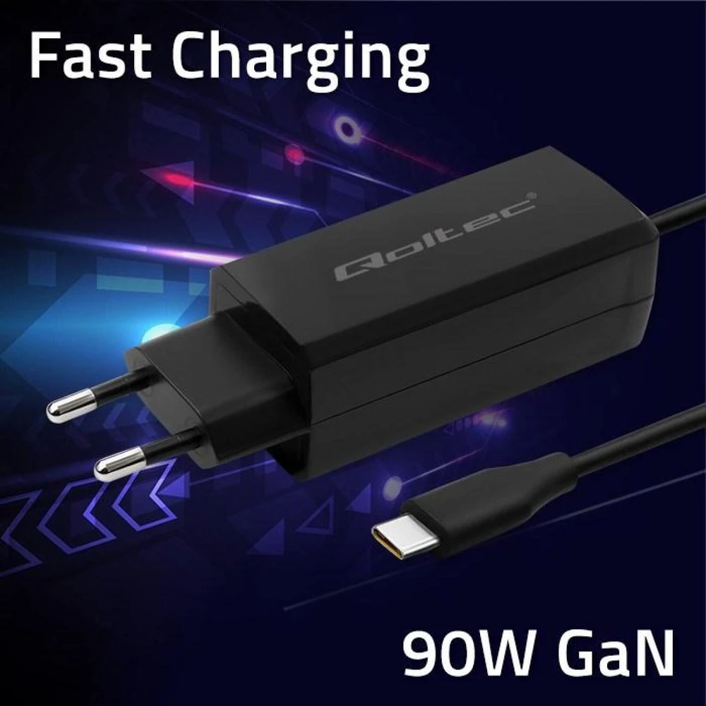 „Qoltec 52420“ 90 W „GaN“ itin greitas įkroviklis | 5–20 V | 3–4,5 A | USB-C 3.1