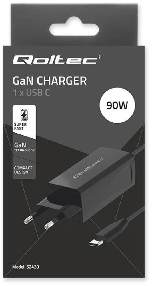 „Qoltec 52420“ 90 W „GaN“ itin greitas įkroviklis | 5–20 V | 3–4,5 A | USB-C 3.1