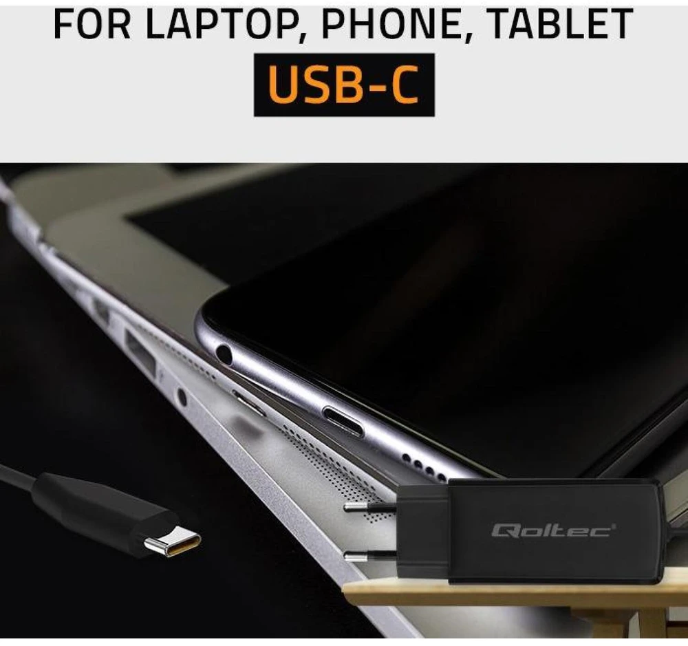 „Qoltec 52420“ 90 W „GaN“ itin greitas įkroviklis | 5–20 V | 3–4,5 A | USB-C 3.1