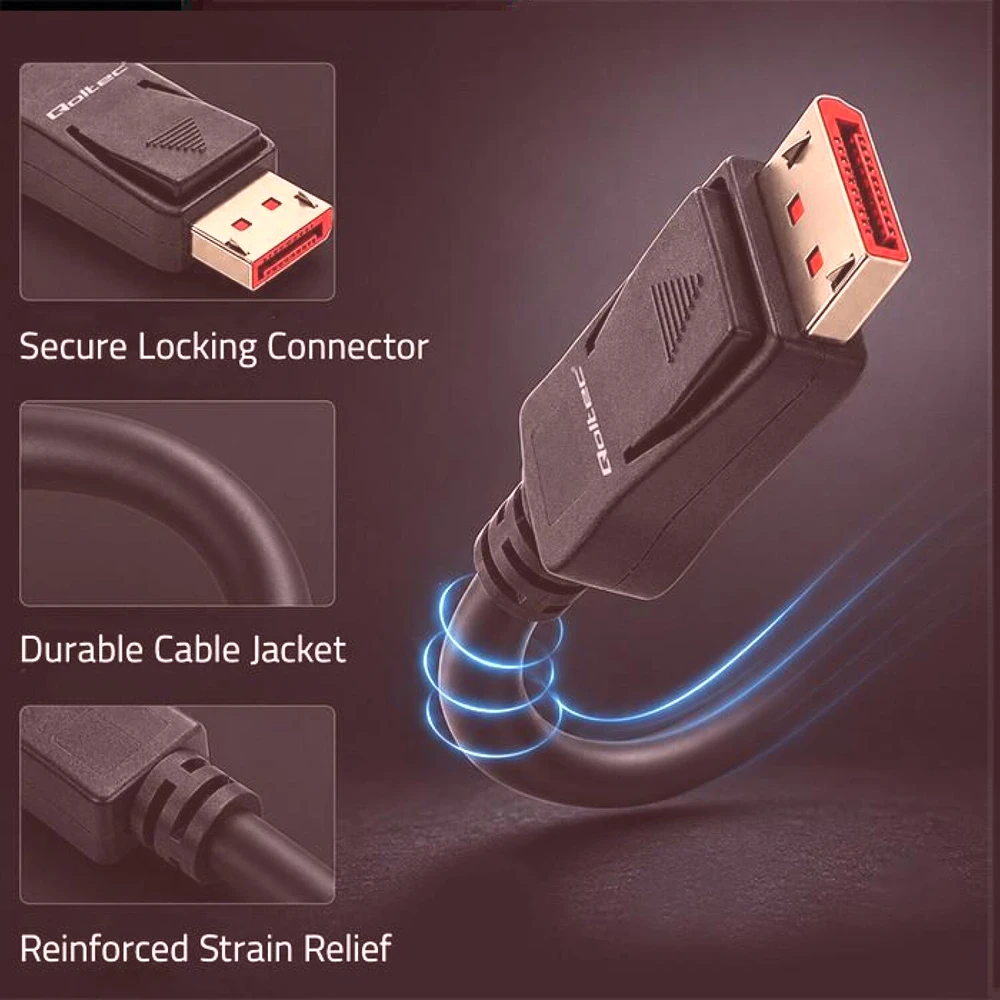 Qoltec Itin greitas kabelis DisplayPort v2.1 | Full HD | 4K 8K | 40Gb/s | DP40 | UHBR10 | 1,5 m