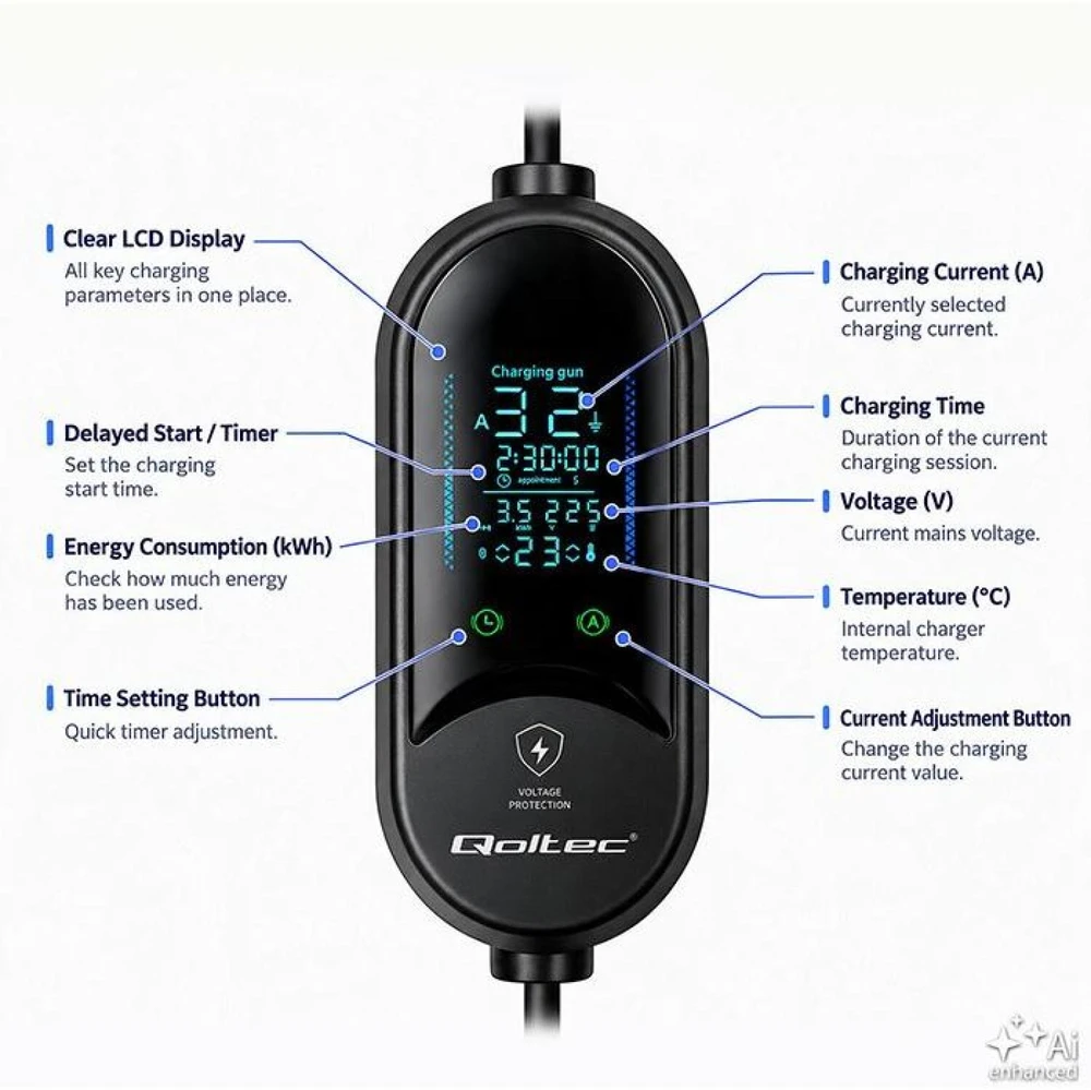 Qoltec Mobilusis elektromobilio ir hibrido įkroviklis su reguliavimu 2in1 Typ2 | 7kW | 230V | CEE 32A | LED | 5m