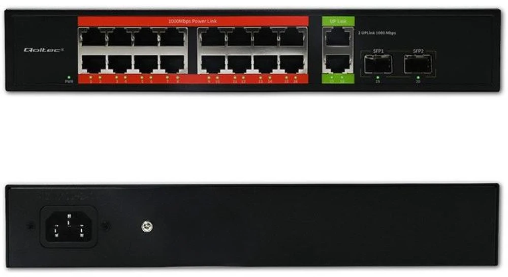 Šakotuvas Qoltec 52292 gigabito Ethernet PoE komutatorius | 16x RJ45 | 2x RJ45 Uplink | 2x SFP | 1000 Mb/s