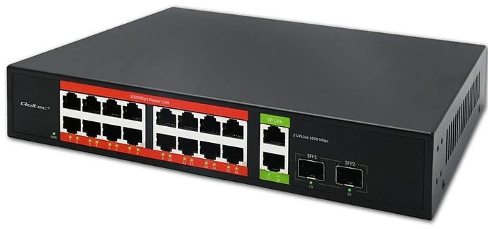 Šakotuvas Qoltec 52292 gigabito Ethernet PoE komutatorius | 16x RJ45 | 2x RJ45 Uplink | 2x SFP | 1000 Mb/s