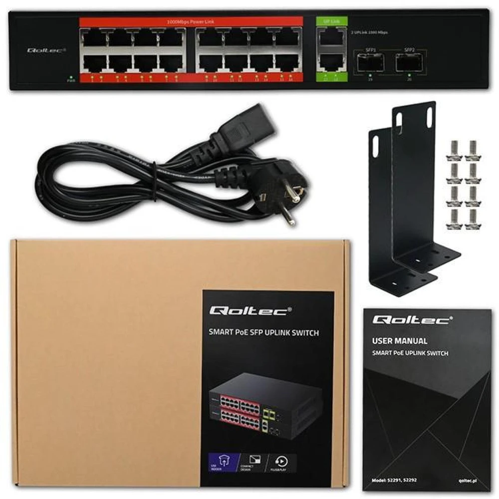 Šakotuvas Qoltec 52292 gigabito Ethernet PoE komutatorius | 16x RJ45 | 2x RJ45 Uplink | 2x SFP | 1000 Mb/s
