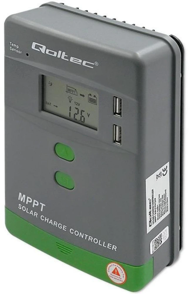 Adapteris Saulės valdiklis įkrovimo mppt su temperatūros jutiklis 20a12v / 24v lcd 2 x usb Qoltec
