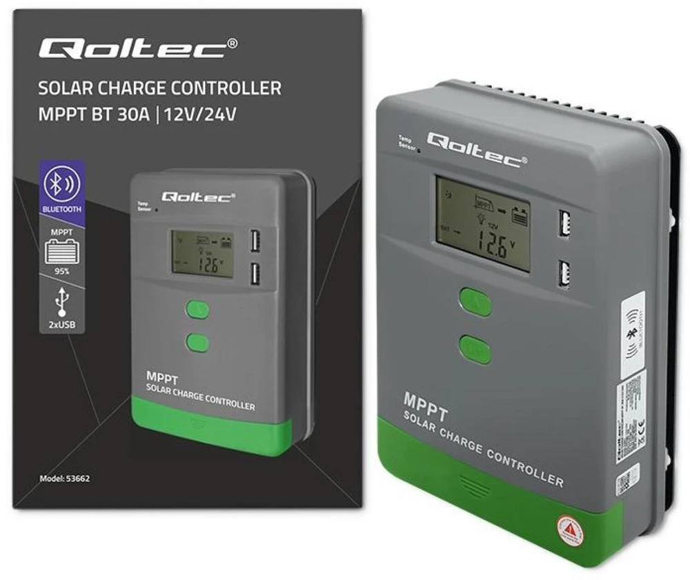 Qoltec 53662 Saulės įkrovimo valdiklis MPPT su temperatūros jutikliu 30A | 12V / 24V | LCD | 2x USB