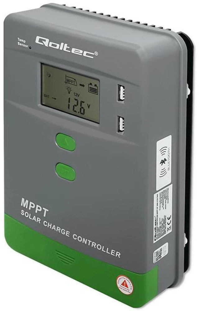 Qoltec 53662 Saulės įkrovimo valdiklis MPPT su temperatūros jutikliu 30A | 12V / 24V | LCD | 2x USB