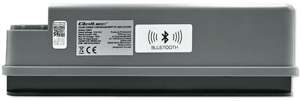 Qoltec 53662 Saulės įkrovimo valdiklis MPPT su temperatūros jutikliu 30A | 12V / 24V | LCD | 2x USB