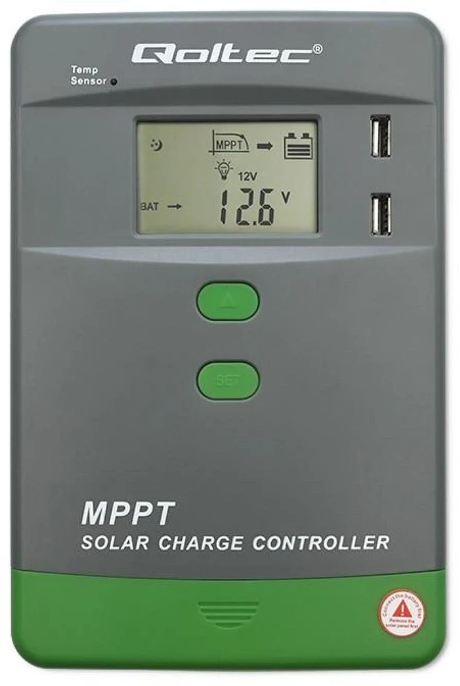 Qoltec 53662 Saulės įkrovimo valdiklis MPPT su temperatūros jutikliu 30A | 12V / 24V | LCD | 2x USB
