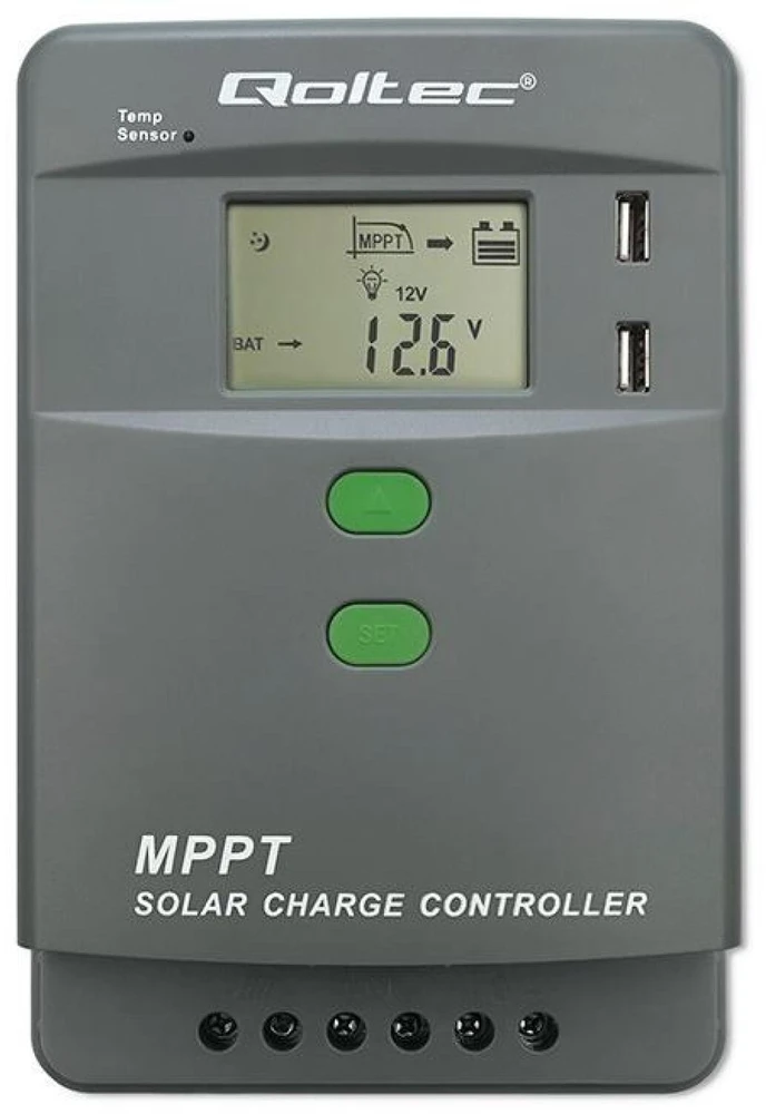 Qoltec 53662 Saulės įkrovimo valdiklis MPPT su temperatūros jutikliu 30A | 12V / 24V | LCD | 2x USB
