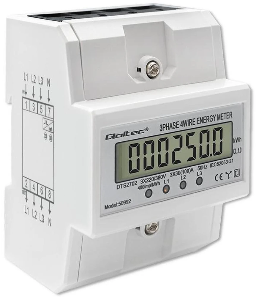 „Qoltec“ trifazis elektroninis skaitiklis | DIN bėgelio energijos suvartojimo skaitiklis | 400 V | 100A | LCD | 4P