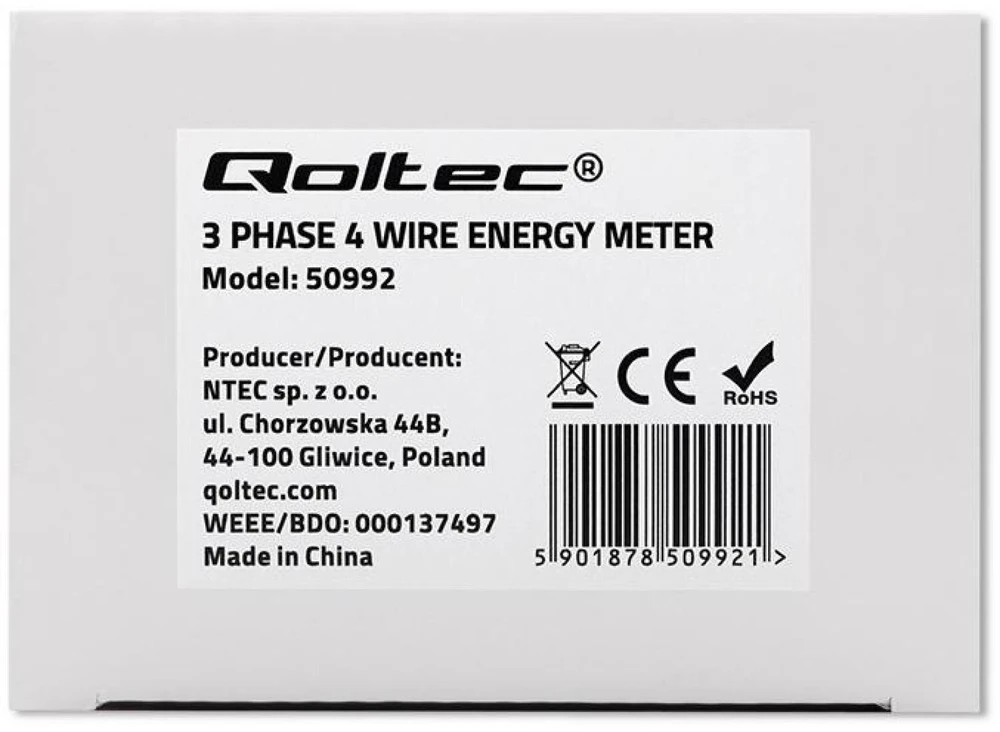 „Qoltec“ trifazis elektroninis skaitiklis | DIN bėgelio energijos suvartojimo skaitiklis | 400 V | 100A | LCD | 4P