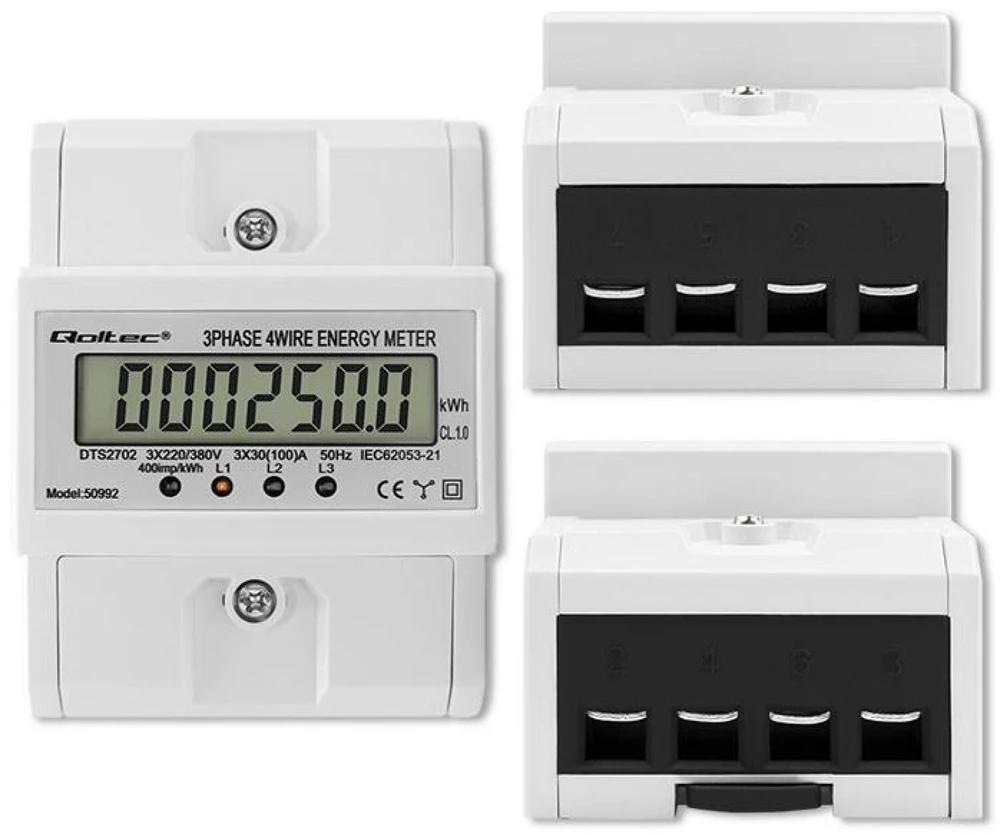 „Qoltec“ trifazis elektroninis skaitiklis | DIN bėgelio energijos suvartojimo skaitiklis | 400 V | 100A | LCD | 4P