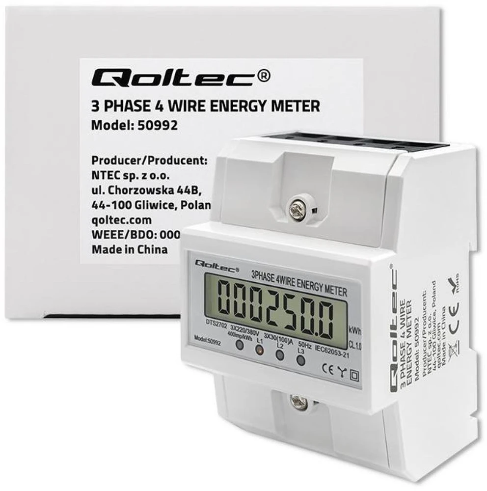 „Qoltec“ trifazis elektroninis skaitiklis | DIN bėgelio energijos suvartojimo skaitiklis | 400 V | 100A | LCD | 4P