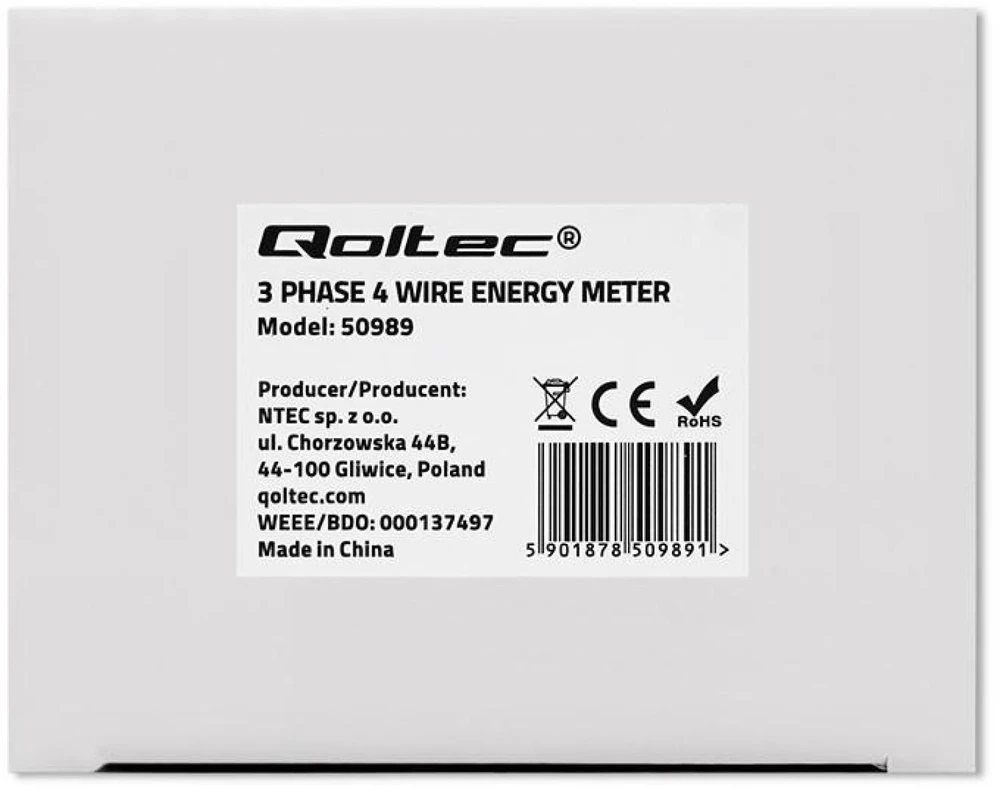 „Qoltec“ 3 fazių dvikryptis elektroninis skaitiklis | Energijos skaitiklis, montuojamas ant DIN bėgelio | 400 V | 100 A | LCD | 4P