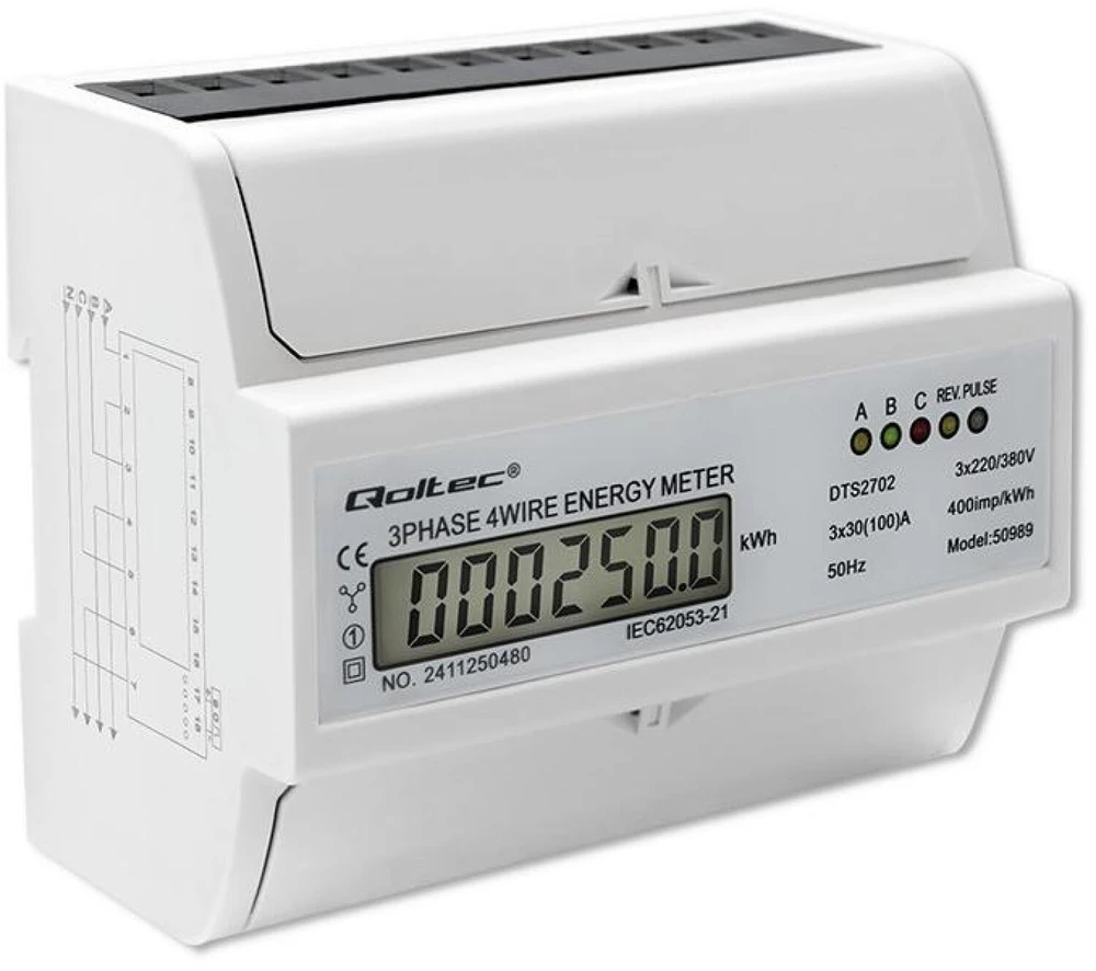 „Qoltec“ 3 fazių dvikryptis elektroninis skaitiklis | Energijos skaitiklis, montuojamas ant DIN bėgelio | 400 V | 100 A | LCD | 4P