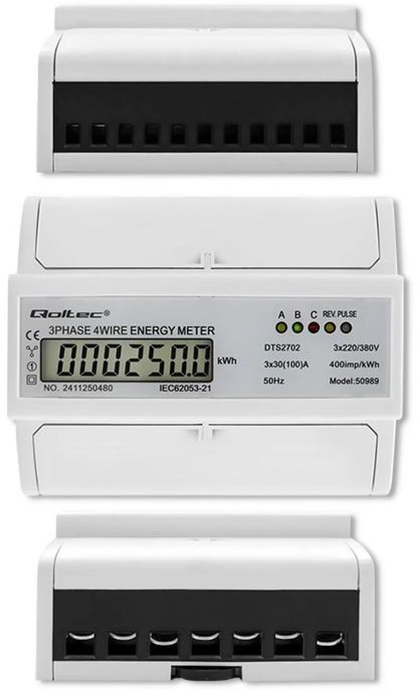 „Qoltec“ 3 fazių dvikryptis elektroninis skaitiklis | Energijos skaitiklis, montuojamas ant DIN bėgelio | 400 V | 100 A | LCD | 4P