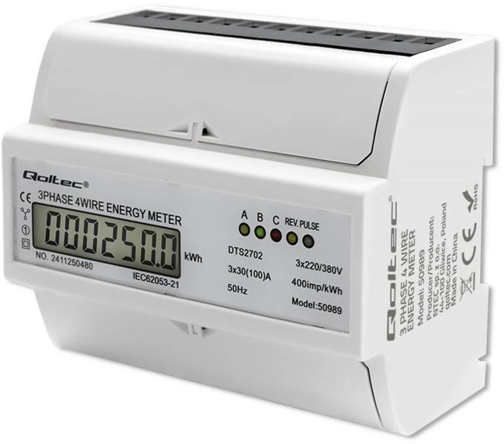 „Qoltec“ 3 fazių dvikryptis elektroninis skaitiklis | Energijos skaitiklis, montuojamas ant DIN bėgelio | 400 V | 100 A | LCD | 4P
