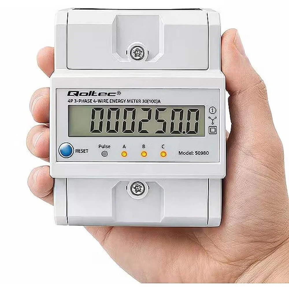 „Qoltec 50980“ trifazis elektroninis skaitiklis su atstatymu | Energijos suvartojimo skaitiklis ant DIN bėgelio | 400 V | 100 A | LCD | LED | 4P