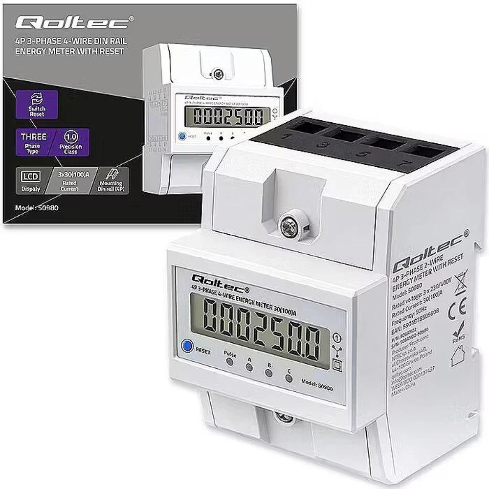 „Qoltec 50980“ trifazis elektroninis skaitiklis su atstatymu | Energijos suvartojimo skaitiklis ant DIN bėgelio | 400 V | 100 A | LCD | LED | 4P
