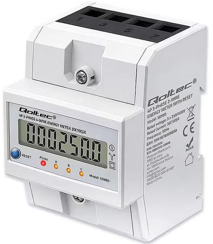 „Qoltec 50980“ trifazis elektroninis skaitiklis su atstatymu | Energijos suvartojimo skaitiklis ant DIN bėgelio | 400 V | 100 A | LCD | LED | 4P