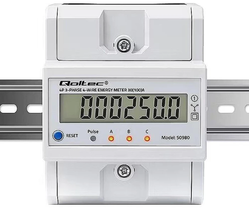 „Qoltec 50980“ trifazis elektroninis skaitiklis su atstatymu | Energijos suvartojimo skaitiklis ant DIN bėgelio | 400 V | 100 A | LCD | LED | 4P
