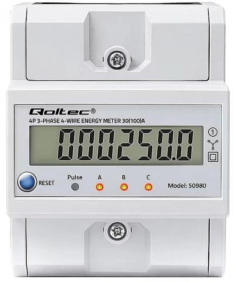 „Qoltec 50980“ trifazis elektroninis skaitiklis su atstatymu | Energijos suvartojimo skaitiklis ant DIN bėgelio | 400 V | 100 A | LCD | LED | 4P