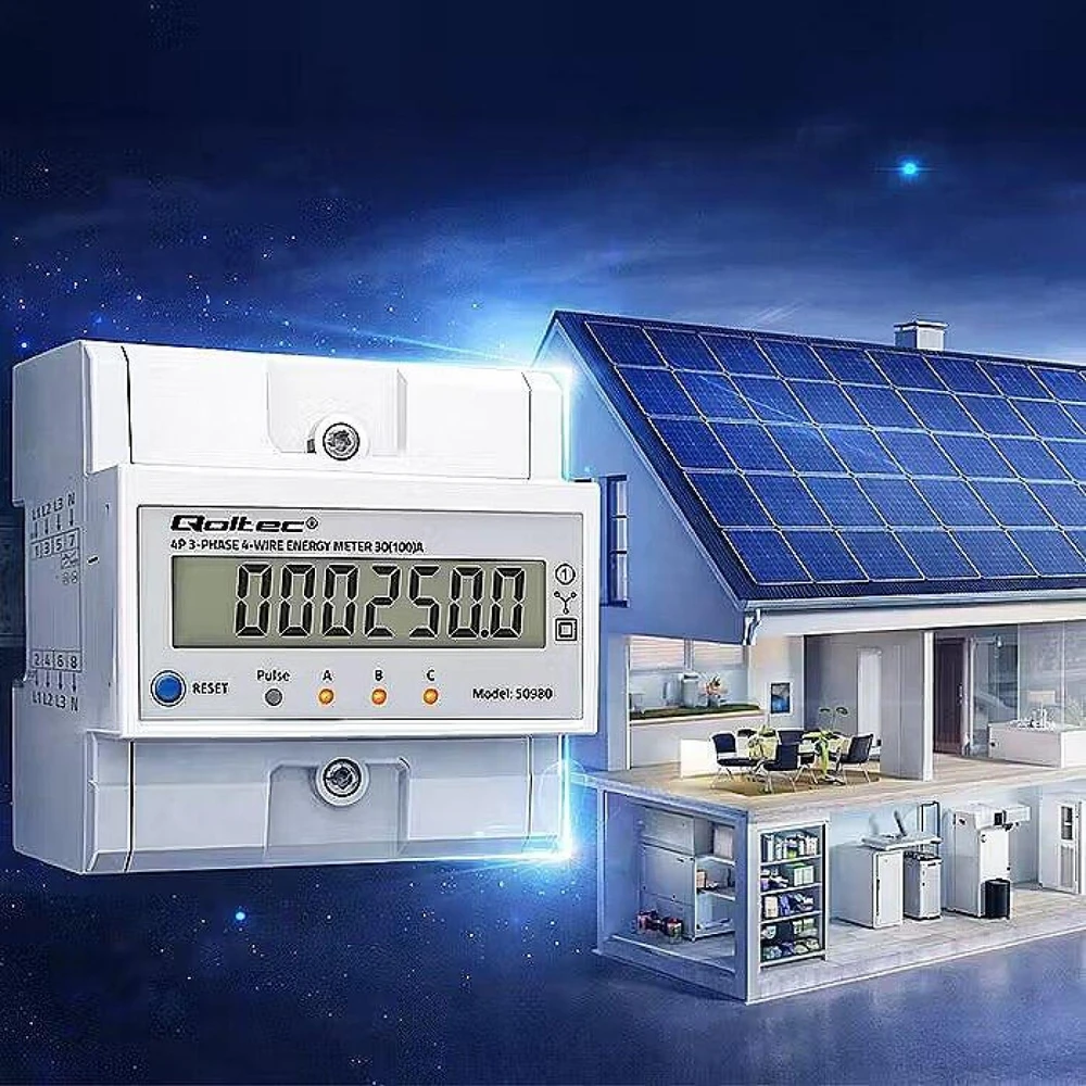 „Qoltec 50980“ trifazis elektroninis skaitiklis su atstatymu | Energijos suvartojimo skaitiklis ant DIN bėgelio | 400 V | 100 A | LCD | LED | 4P