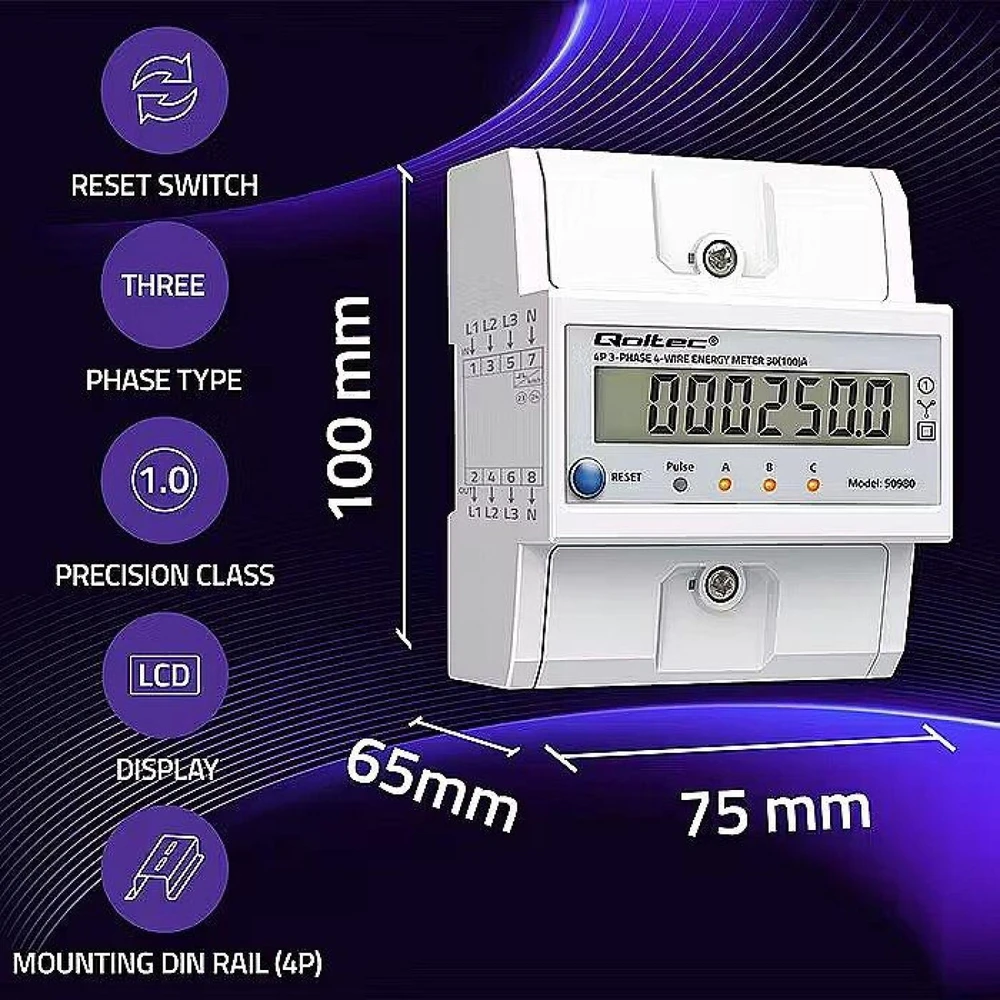 „Qoltec 50980“ trifazis elektroninis skaitiklis su atstatymu | Energijos suvartojimo skaitiklis ant DIN bėgelio | 400 V | 100 A | LCD | LED | 4P