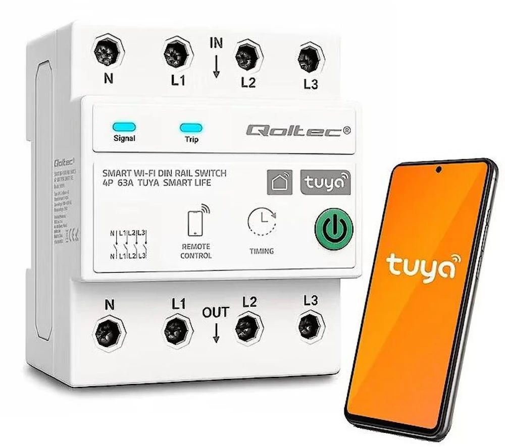 Qoltec 50976 Trifazė 63A relė DIN bėgeliui | 3P+N | Laikmatis | WiFi | Tuya | Išmanusis gyvenimas | Amazon Alexa | 4P