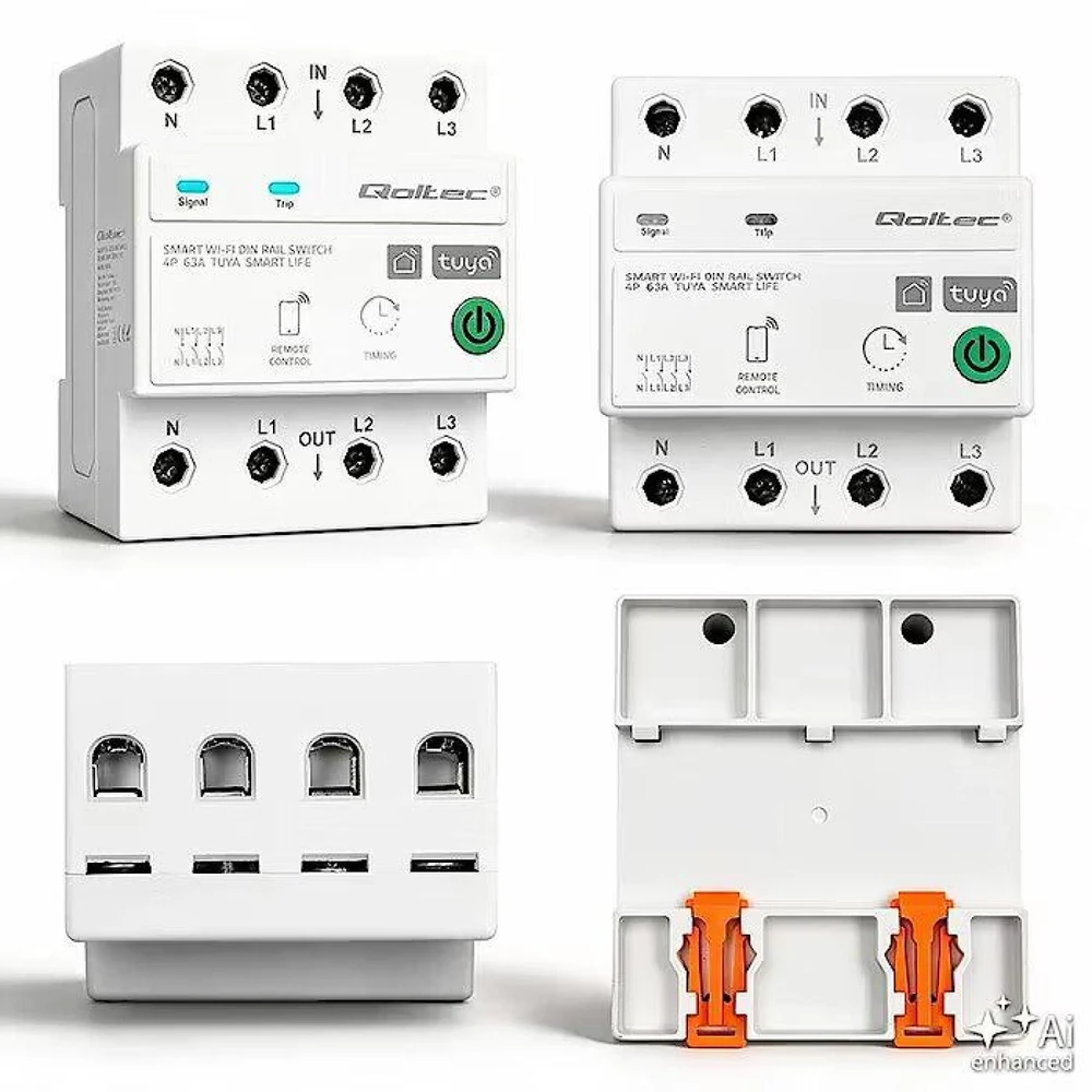 Qoltec 50976 Trifazė 63A relė DIN bėgeliui | 3P+N | Laikmatis | WiFi | Tuya | Išmanusis gyvenimas | Amazon Alexa | 4P