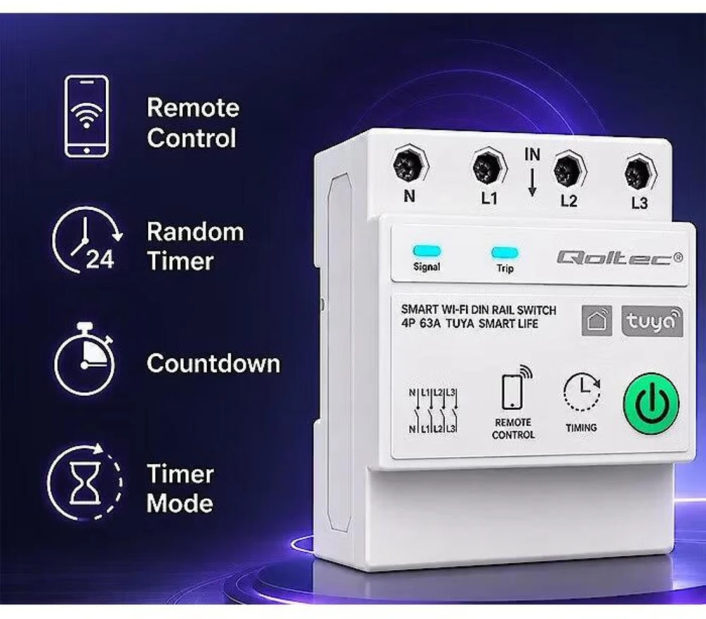 Qoltec 50976 Trifazė 63A relė DIN bėgeliui | 3P+N | Laikmatis | WiFi | Tuya | Išmanusis gyvenimas | Amazon Alexa | 4P