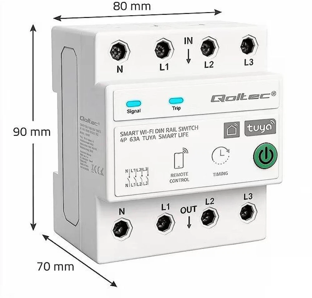 Qoltec 50976 Trifazė 63A relė DIN bėgeliui | 3P+N | Laikmatis | WiFi | Tuya | Išmanusis gyvenimas | Amazon Alexa | 4P