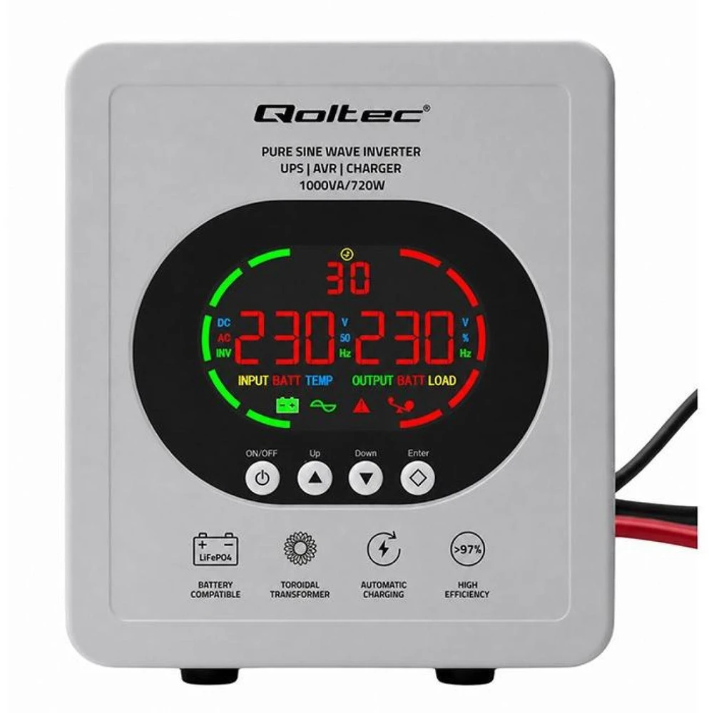 Qoltec 50451 Gryno sinusoidinio signalo UPS | 1000 VA / 720 W | 12/230 V inverteris su AVR | LCD | LiFePO4 AGM GEL