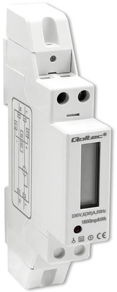 „Qoltec“ 1 fazės elektroninis skaitiklis | Energijos skaitiklis ant DIN bėgelio | 230 V | 30 A | LCD | 1P